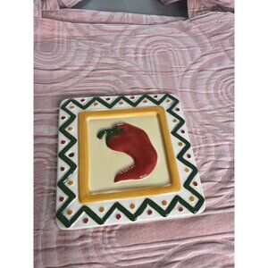 Clay Art Chili Pepper Hand-Painted Square Ceramic Plate StoneLite 1999 8.5" Vint